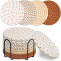 8-Piece Cotton Woven Absorbent Coaster Set with Holder - Boho Style