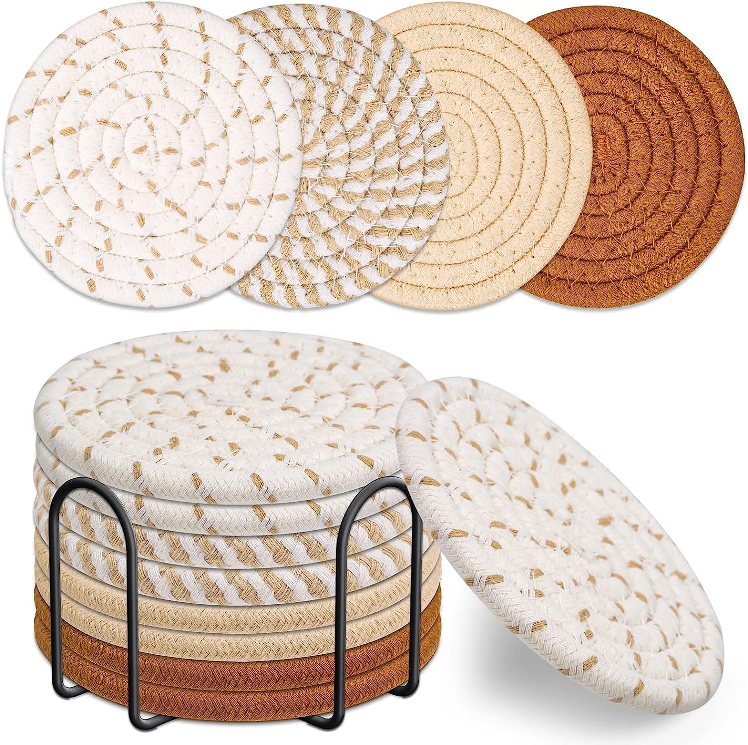8-Piece Cotton Woven Absorbent Coaster Set with Holder - Boho Style